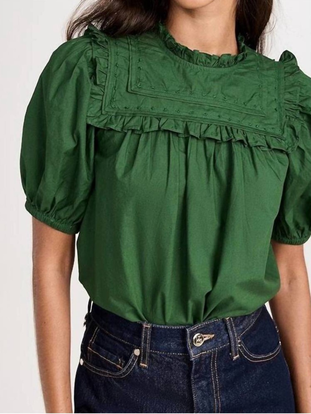 ULLA JOHNSON Adeline Blouse Juniper Green Short Sleeve Poplin Ruffle Top Sz 0 XS